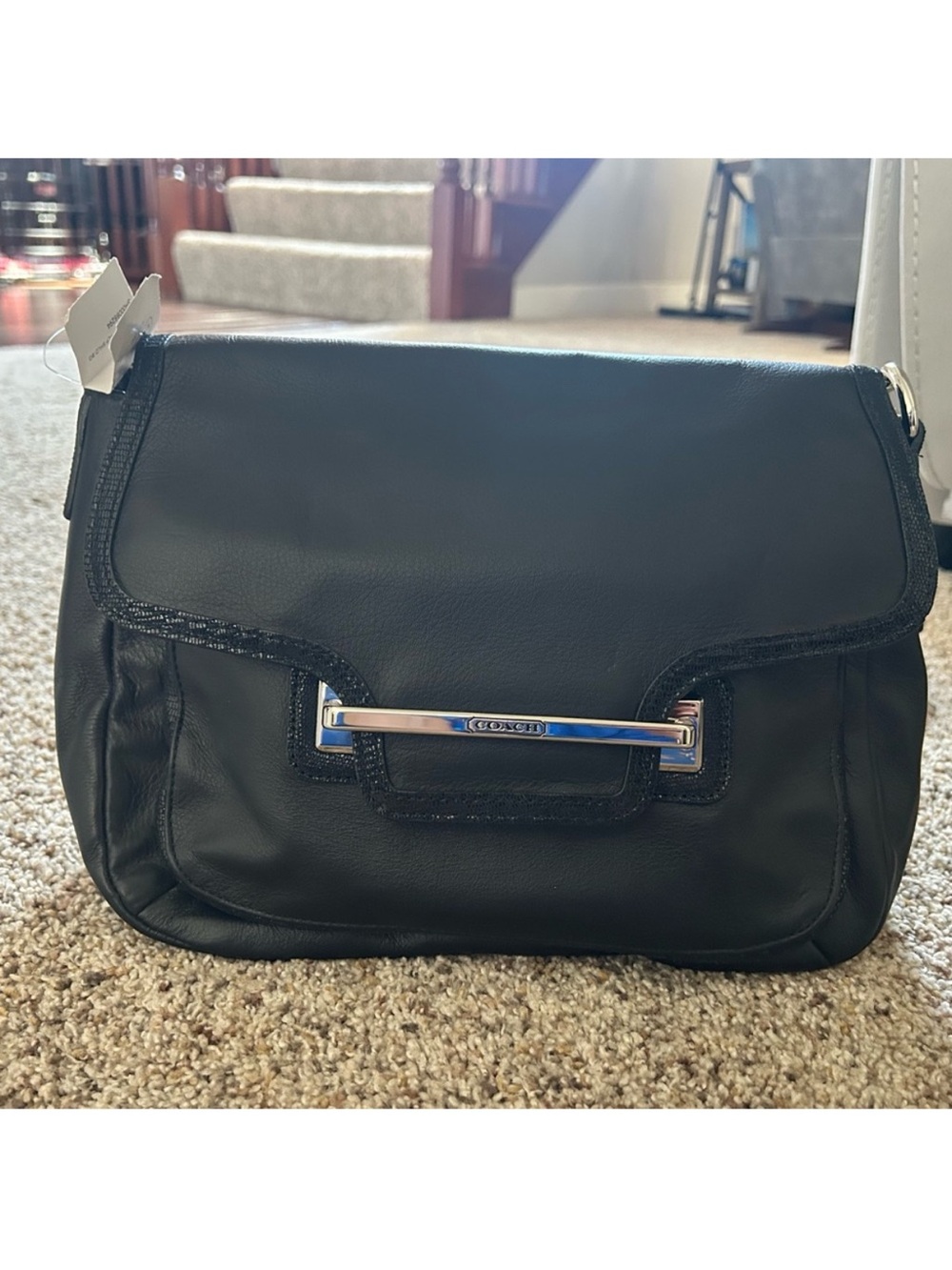 Coach Black Leather Shoulder Bag with Silver-Tone Accent